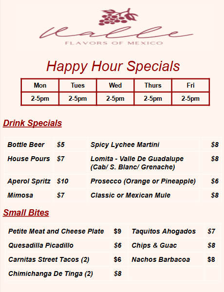Valle Flavors of Mexico happy hour