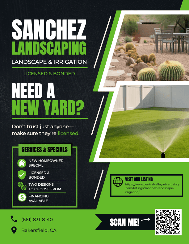 Sanchez Landscaping flyer with a scannable QR code